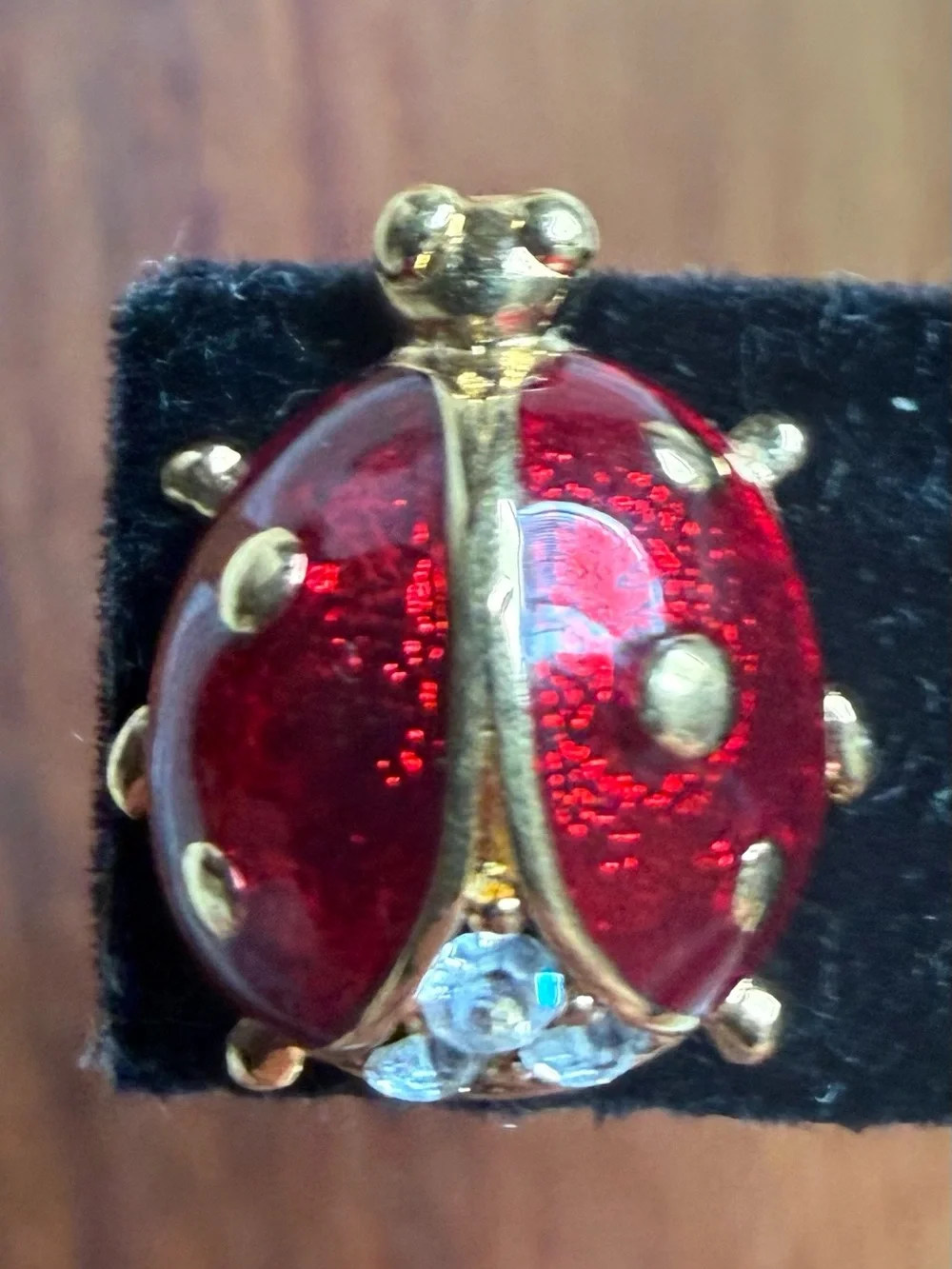 Small Monet Gold-Tone Red Enamel Ladybug Brooch with Clear Rhinestone Bug Pin